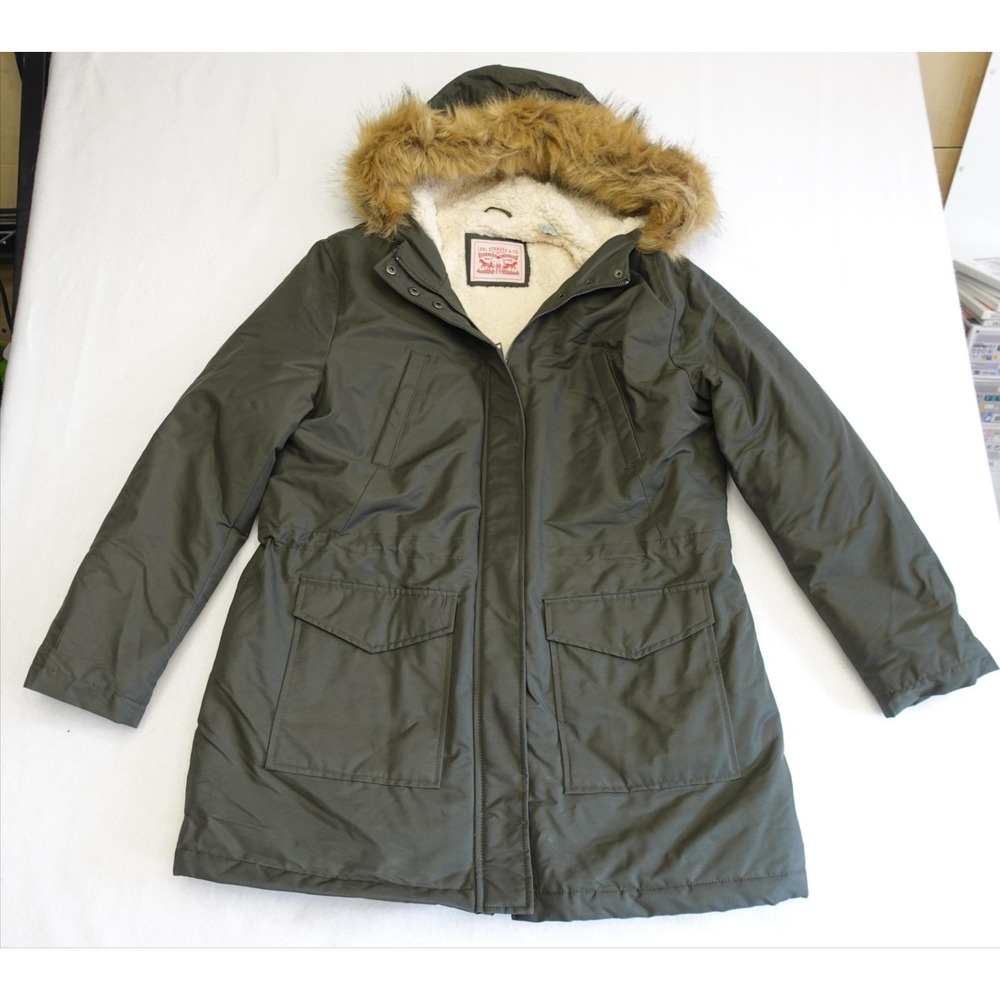 Levi Strauss & Co. Parka Coat Womens XL Green Hooded Faux Fur Sherpa Lined